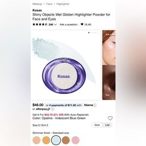 Kosas Shiny Objects Wet Glisten Highlighter Powder for Face and Eyes - Opaline